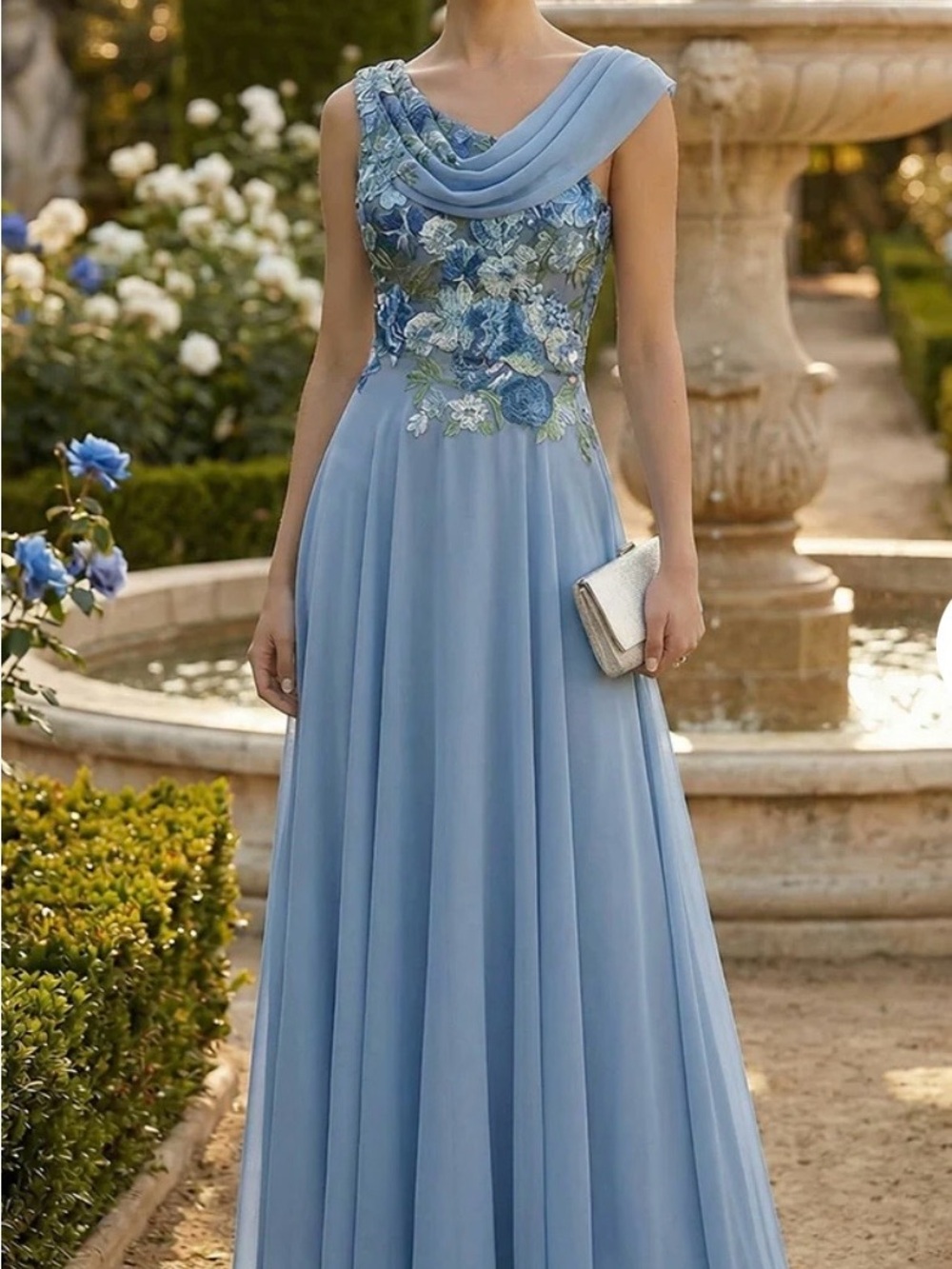 Elegant Powder Blue Floral Appliqué Evening Gown